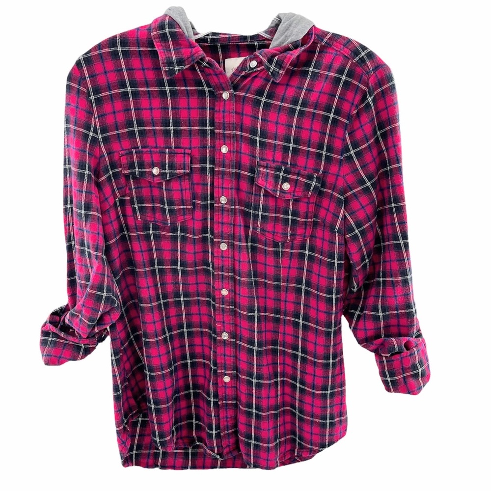 YMI Button Up Plaid Hooded Shirt Size Medium